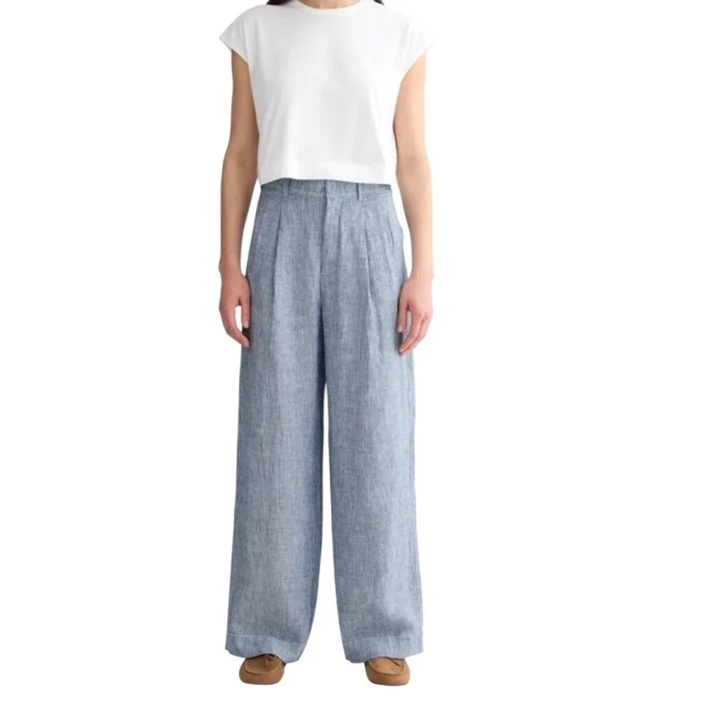 Everlane The Linen Way-High Drape Pant Striped Blue Chambray Wide Leg 6